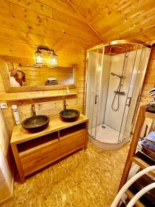un bagno con due lavandini e una doccia in una cabina di Refuge des Cimes a Saint-Laurent-en-Grandvaux