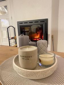 a cup and a bowl on a table with a fireplace at Villa Luce in Kolašin