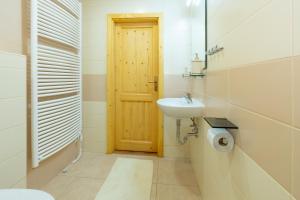 ein Badezimmer mit einem Waschbecken, einem WC und einem Spiegel in der Unterkunft Apartmány Petra in Hřensko