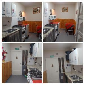 three different pictures of a kitchen with stove tops at Departamentos CHOIQUE in Las Grutas