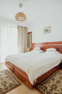 a bedroom with a large bed with white sheets and a rug at Hotel Carmen in Eforie Nord