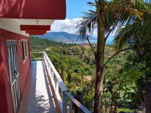 - un balcon d'une maison avec un palmier dans l'établissement Chalé Boa Vista, à Ilhabela