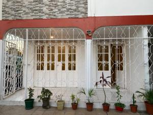 a building with a gate and potted plants on it at Chez Marc in Les Abymes