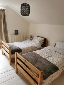 a bedroom with two beds and a chandelier at Beehive Cottage in Beccles