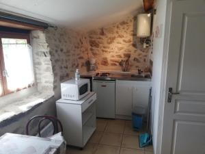 een kleine keuken met een magnetron en een wastafel bij AUBERGE LA BOUCHOLIERE in Parthenay