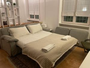 - un lit dans un salon avec 2 serviettes dans l'établissement DOMUS B, Corso Francia apartment, à Rome