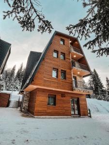 duży drewniany budynek w śniegu z drzewami w obiekcie Vila Jelena w mieście Jahorina