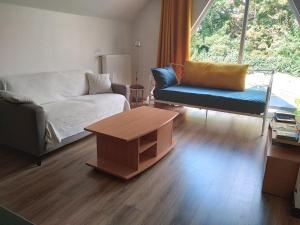 ein Wohnzimmer mit einem Sofa und einem Couchtisch in der Unterkunft T2 calme et chaleureux 1 à 5 pers in Alençon