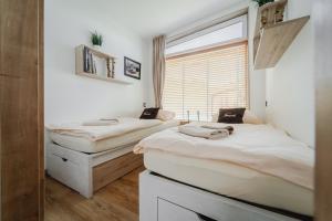 2 Betten in einem Zimmer mit Fenster in der Unterkunft Naturasort Holiday Houses in Pesnica pri Mariboru