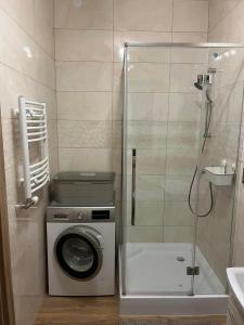 La salle de bains est pourvue d'un lave-linge et d'une douche. dans l'établissement Noclegi Dukla, à Dukla
