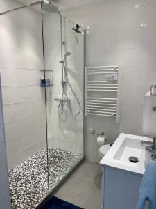 a shower with a glass door next to a sink at Sea view apartment, huge terrace on the 4th floor in Menton