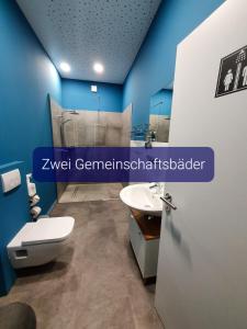 een blauwe badkamer met een toilet en een wastafel bij Argenta Living 131 in Künzell