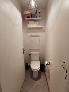 a bathroom with a white toilet in a room at Appartement Noisiel 77 (proche Disneyland & Paris) in Noisiel