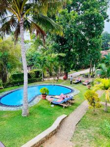 une piscine avec 2 personnes assises sur des bancs près d'un palmier dans l'établissement Moonstone Villas, à Tangalle