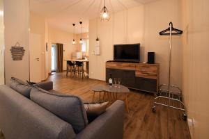 a living room with a couch and a flat screen tv at Appartement Loft Detente in Strasbourg