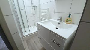 a white bathroom with a sink and a shower at Neuburg New Apartement in Neuburg an der Donau +52 photos