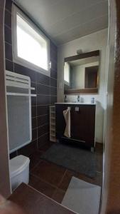 y baño con aseo, lavabo y espejo. en Maison cosy -15min Puy du Fou- Centre de Pouzauges, en Pouzauges