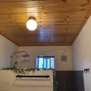 a bathroom with a wooden ceiling and a sink at Jeju Damda in Jeju