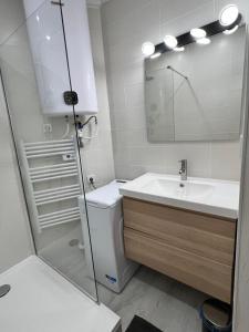 łazienka z umywalką, toaletą i lustrem w obiekcie Studio Climatisé Centre Ville #9 w mieście Tulon