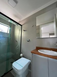 a bathroom with a toilet and a sink and a mirror at APARTAMENTO BEIRA MAR EM BALNEÁRIO PEREQUÊ in Porto Belo