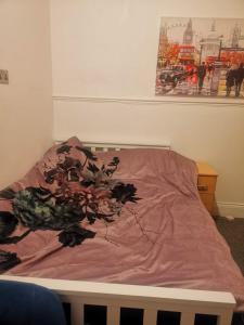 a bed with a pink comforter and a plant on it at The Vacationers - Pvt Rooms with Shared Bath in Sunderland
