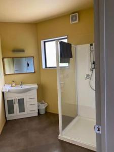 a bathroom with a shower and a sink at Battys Road Lodge in Blenheim