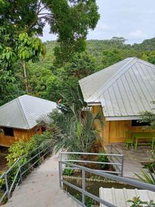 zwei Gebäude mit Metalldächern in einem Wald in der Unterkunft Woodland Inn in El Nido