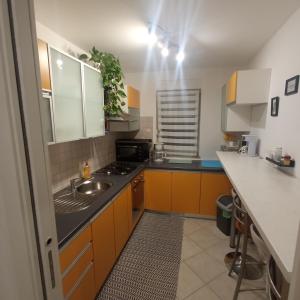 a small kitchen with a sink and a stove at Apartman Dražice-Grobnik in Dražice
