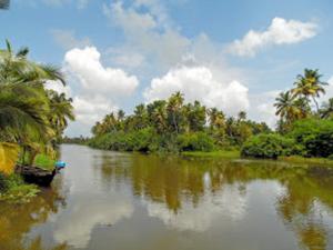 a boat on a river with palm trees on the side at Houseboat cruise in the backwaters of Kerala. in Kottayam