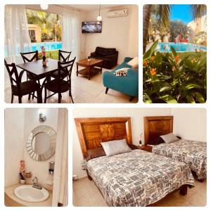 a collage of four pictures of a hotel room at CASA HUELLAS EN LA ARENA in Ixtapa