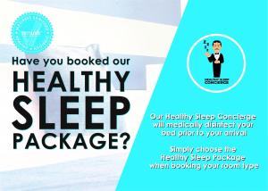 a flyer for a healthy sleep package with a picture of a man holding a microphone at Evolution Apartments in Brisbane