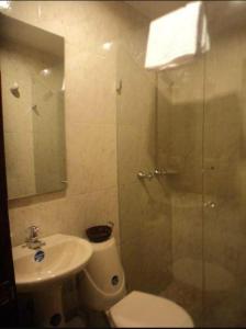 a bathroom with a shower and a toilet and a sink at Hotel Casa Morada FC in Bogotá