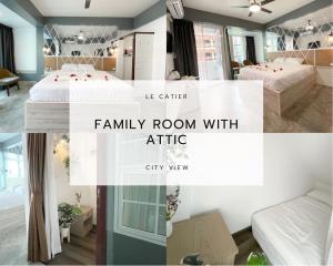a collage of photos of a bedroom and a family room with a city view at Le Cartier in Patong Beach
