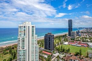 an aerial view of a city and the ocean at Signature Broadbeach Ocean Views Apartment in Gold Coast