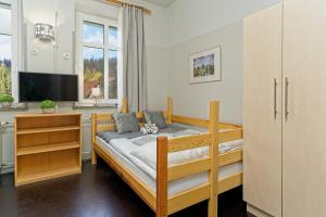 a bedroom with a bunk bed and a tv at Ośrodek WOJKÓW Kowary koło Karpacza in Kowary +61 photos