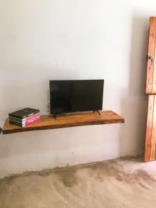 un televisor sentado en un estante de madera en una pared en Tatu Suítes, en Porto de Pedras