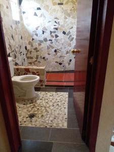 uma casa de banho com um WC e uma parede em mosaico em Quinta las golondrinas em Morelos