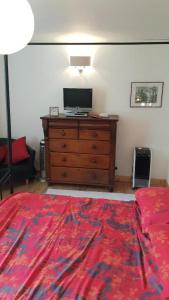 um quarto com uma cama e uma cómoda com uma televisão em Maison Galloise em Auzances