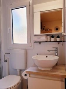 baño con lavabo y aseo y ventana en Sandra Holiday Homes, en Biograd na Moru