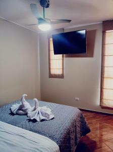 a bedroom with a bed with a tv on the wall at Hostal Casa de Ana in Nazca