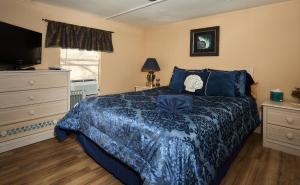 a bedroom with a bed with a blue comforter and a television at Room in BB - Pleasant Days Bb Tropical Master Suite in Homosassa