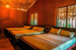 two beds in a room with red walls and windows at Eco Bliss Cottages - Thanamalwila in Nikawewa