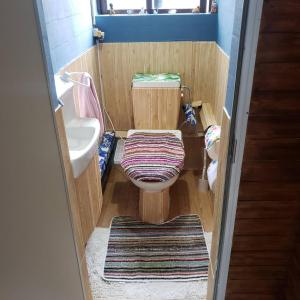 a small bathroom with a toilet and a sink at 宮古島ゲストハウス　マウイ in Arazato