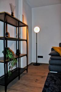 a living room with a lamp and a book shelf at Idyllische Suite in Zentrumsnähe mit Parkplatz Top 1 in Gmunden