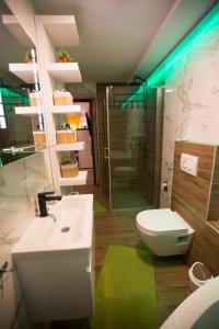 y baño con aseo, lavabo y ducha. en Apartmani Remete, en Zagreb