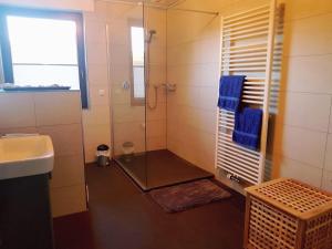 a bathroom with a shower with blue towels and a sink at Ferienwohnung Am Saarbogen 