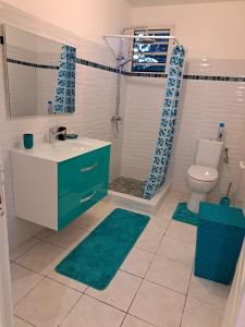 Un baño con lavabo, inodoro y ducha. en Hébergement Les HIBISCUS, en Trois-Rivières