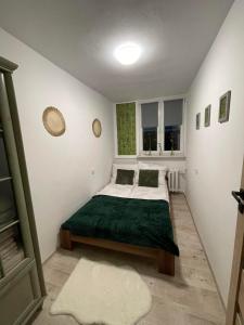 niewielka sypialnia z łóżkiem z zielonym kocem w obiekcie Apartament Arverso w mieście Bolesławiec