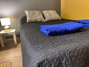 1 dormitorio con 1 cama con sábanas azules y lámpara en Huttu - Ihqu kaksio mahtavalla sijainnilla, en Iisalmi