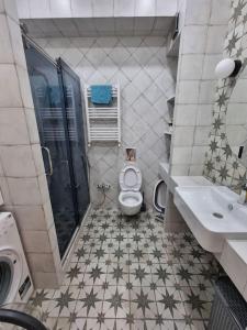uma casa de banho com um WC, um chuveiro e um lavatório. em Morkinali Apartment em Tbilisi